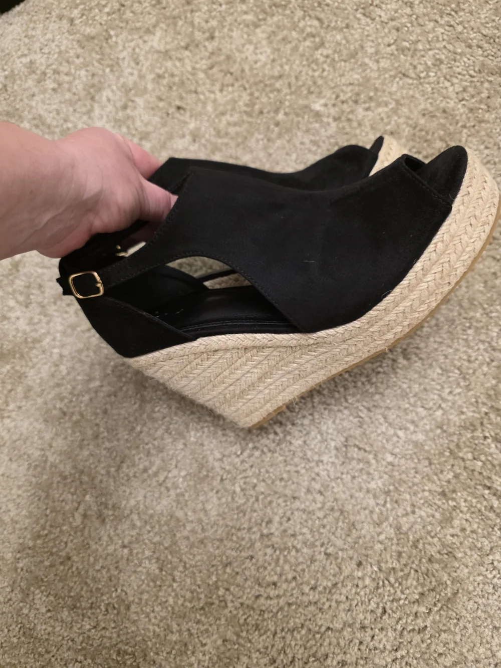 Black Suede Espadrille Wedge Sandals - Peep Toe - Sz 8/39